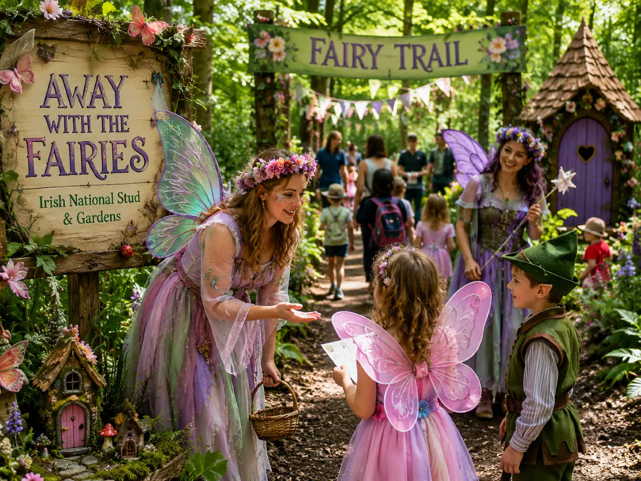 Costumed fairy characters leading visitors along a decorated woodland trail at the Irish National Stud and Japanese Gardens.