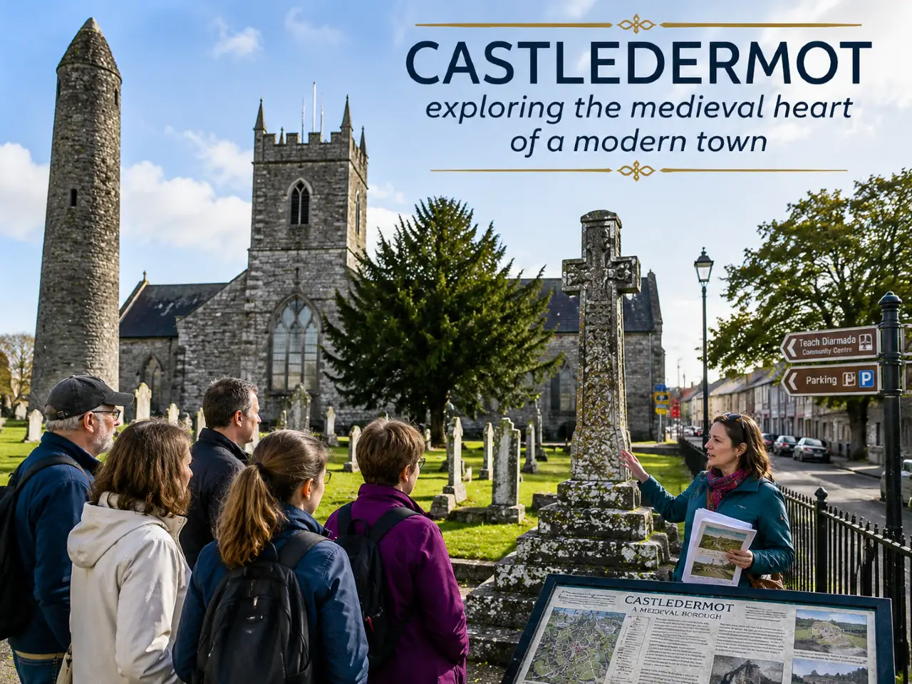 Visitors on a guided heritage walk beside St James’s Church and medieval monuments in Castledermot.
