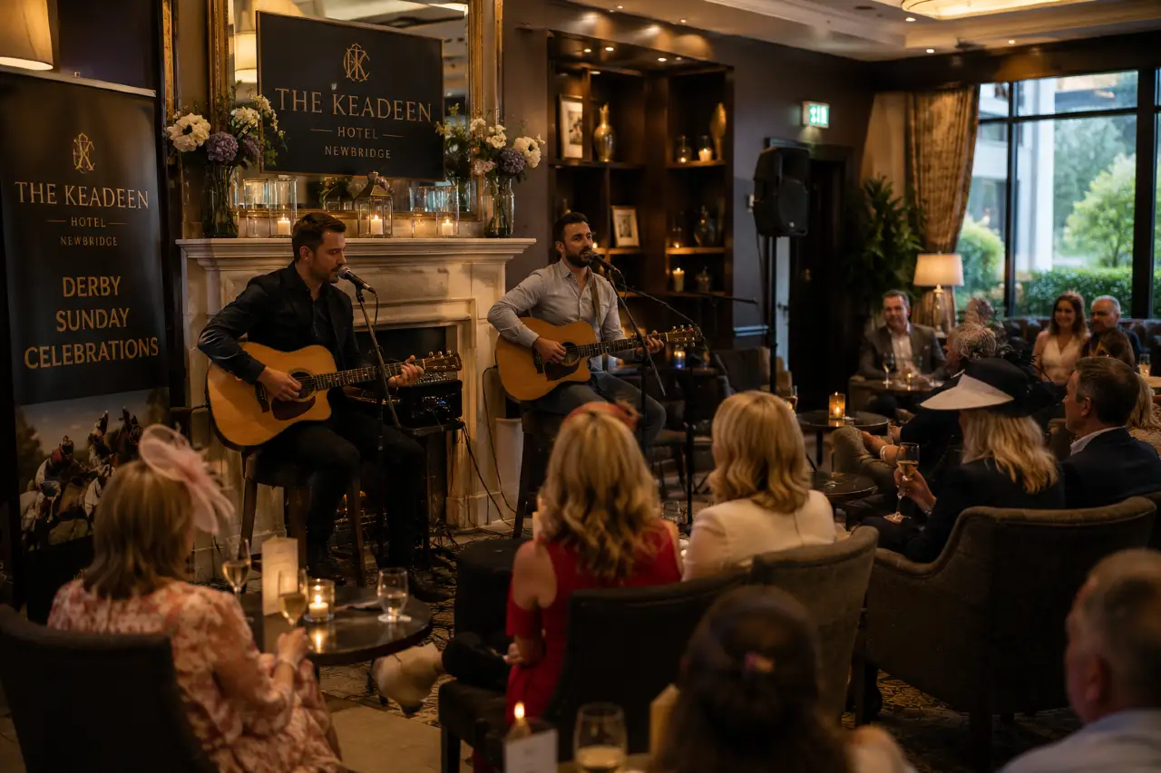 Musicians performing in the lounge at The Keadeen Hotel during Derby Sunday celebrations.