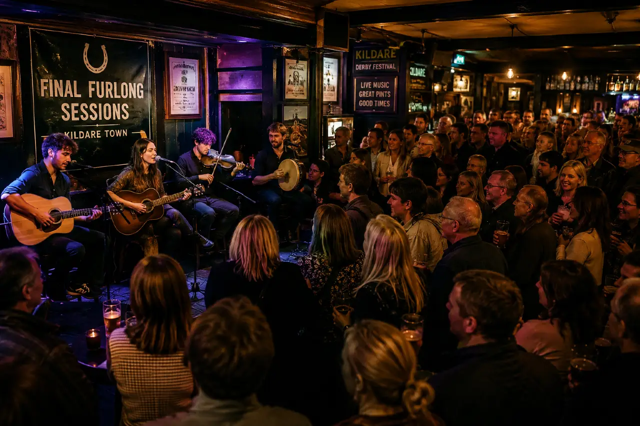 Musicians performing for a lively audience during the Final Furlong Sessions in Kildare Town.
