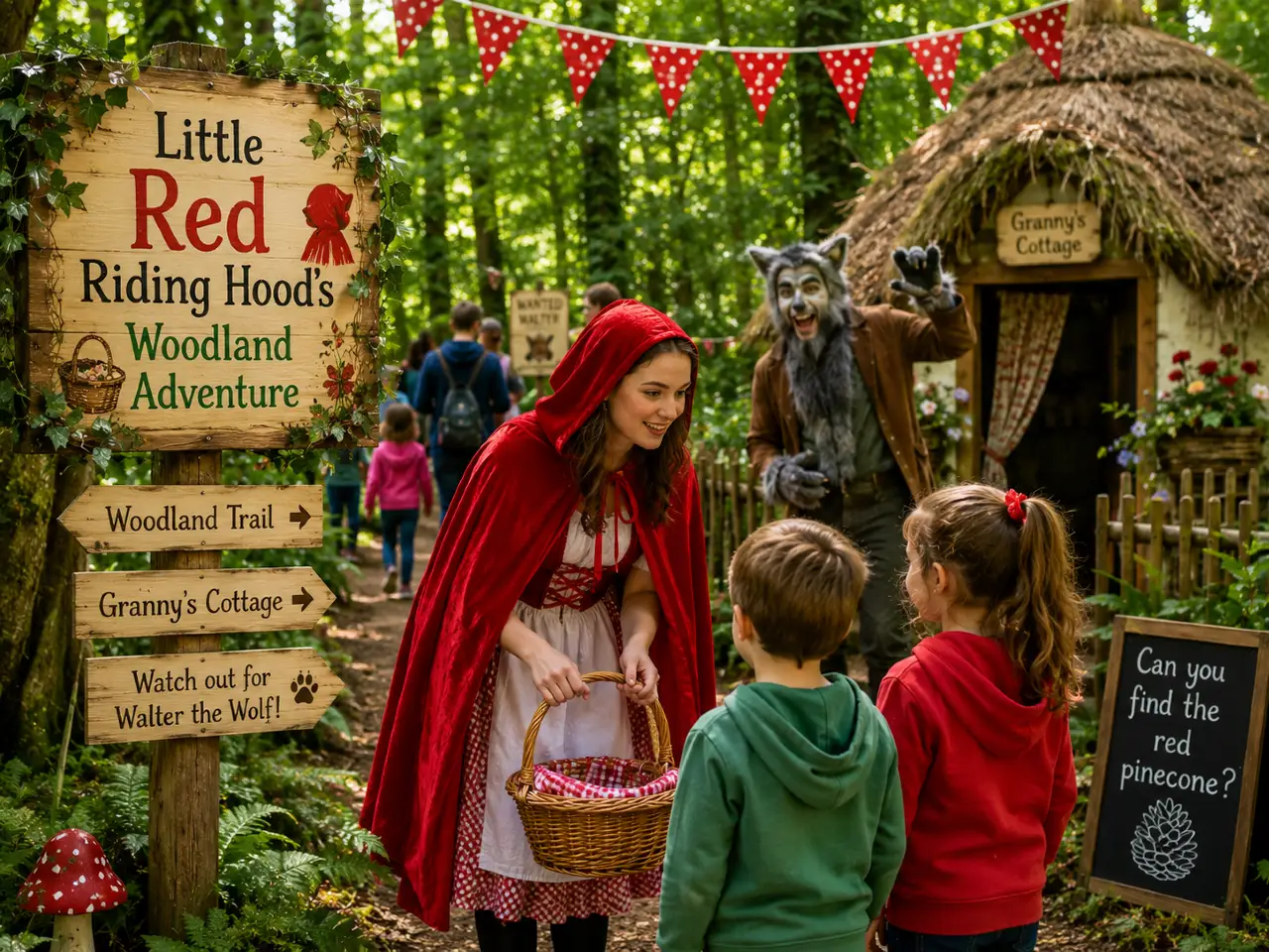 Little Red Riding Hood and a friendly wolf character welcoming visitors along a woodland trail in Tully, County Kildare.
