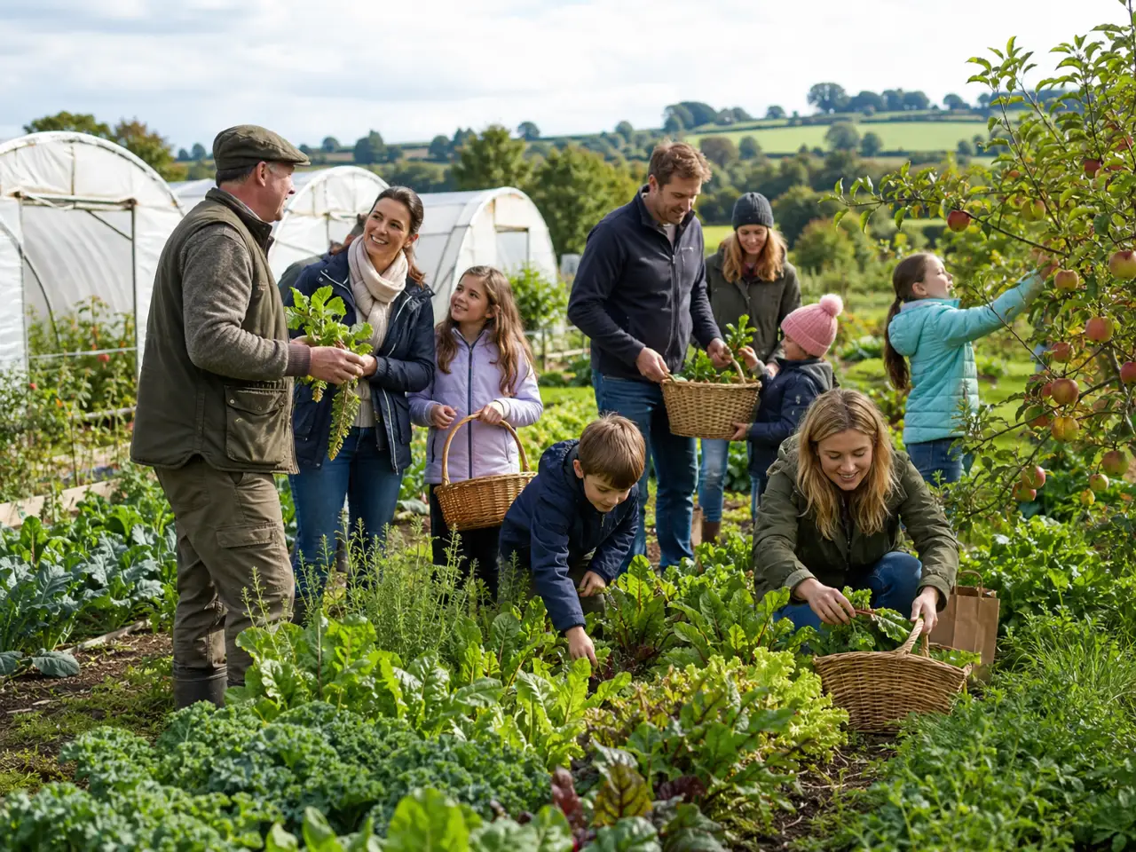 Visitors picking fresh fruit, vegetables and herbs during a guided organic farm tour in Duneany, County Kildare.